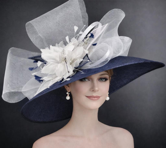 Navy Blue White Wide Brim Sinamay Hat,Kentucky Derby Hat, Ascot Royal,Tea Garden Party Hat, Church Hat, Mother of the Bride Elegant Occasion