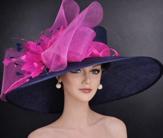 Navy Blue  Fuchsia Pink Wide Brim Sinamay Hat,Kentucky Derby Hat, Ascot Royal,Tea Garden Party Hat, Church Hat, Mother of the Bride Occasion
