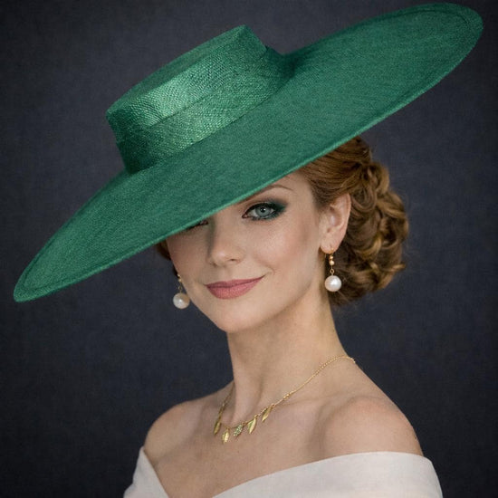 Emerald Green Wide Brim Sinamay Fascinator Hat  Ascot Royal Hat for Wedding Race Day Kentucky Derby Party Mother of the Bride