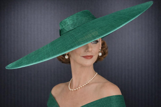Wide Brim Kentucky Derby Fascinator Hat, Ascot Hat for Wedding & Tea Party, Garden Party Hat, Mother of the Bride, Church Emerald Green