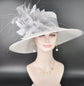 Wide Brim Sinamay Hat for Kentucky Derby,Ascot Royal, Tea Garden Party,Easter Day,Mother of The Bride Elegant Occasion Hat White Gray Silver