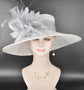 Wide Brim Sinamay Hat for Kentucky Derby,Ascot Royal, Tea Garden Party,Easter Day,Mother of The Bride Elegant Occasion Hat White Gray Silver