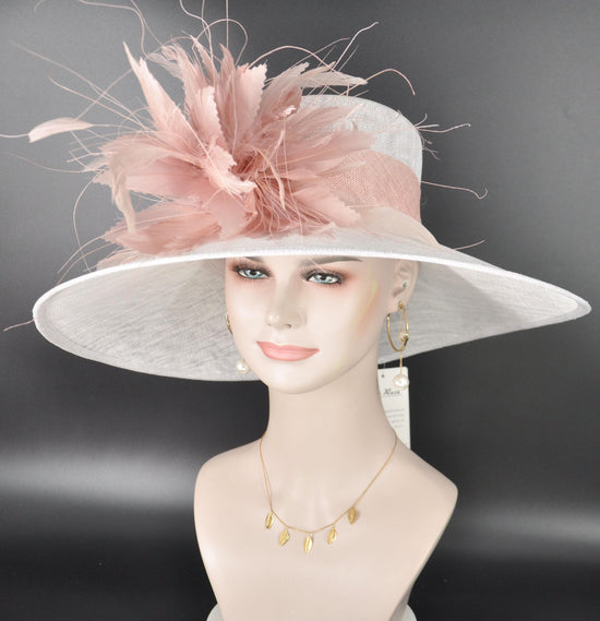 Wide Brim Kentucky Derby Hat, Ascot Hat for Wedding & Tea Party, Garden Party Hat, Mother of the Bride, Church White Blush/Dusty Pink