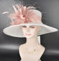 Wide Brim Kentucky Derby Hat, Ascot Hat for Wedding & Tea Party, Garden Party Hat, Mother of the Bride, Church White Blush/Dusty Pink