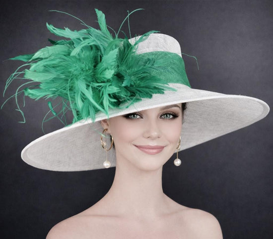 Wide Brim Sinamay Hat for Kentucky Derby,Ascot Royal, Tea Garden Party,Easter Day,Mother of The Bride Elegant Occasion Hat White Kelly Green