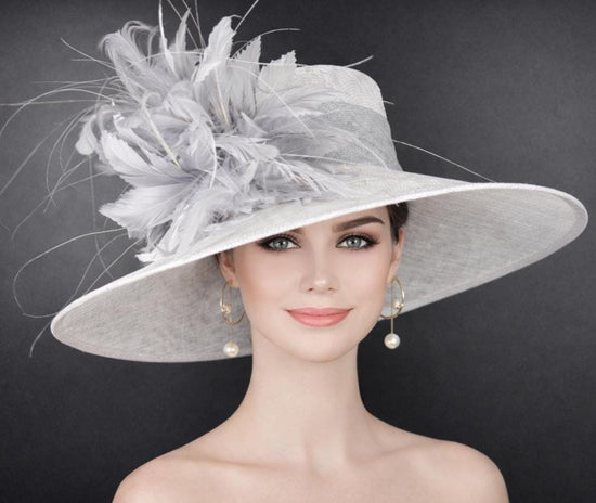 Wide Brim Sinamay Hat for Kentucky Derby,Ascot Royal, Tea Garden Party,Easter Day,Mother of The Bride Elegant Occasion Hat White Gray Silver