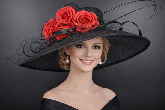 Black Red Rose Wide Brim Sinamay Hat for Kentucky Derby,Ascot Royal, Tea Garden Party,Easter Day,Mother of The Bride Elegant Occasion Hat