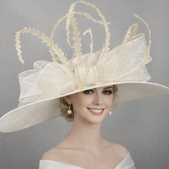 Ivory Off White Wide Brim Sinamay Hat for Kentucky Derby,Ascot Royal, Tea Garden Party,Easter Day,Mother of The Bride Elegant Occasion Hat