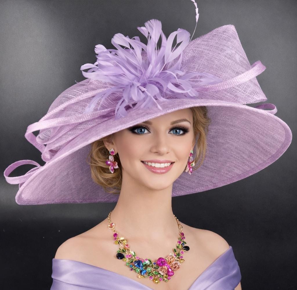 Lilac Feather Flower Wide Brim Sinamay hat, Kentucky derby Hat, Weddin ...