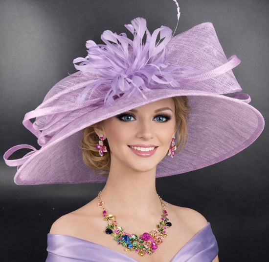 Lilac Feather Flower Wide Brim Sinamay hat, Kentucky derby Hat, Wedding Guest Hat, Tea Party Hat, Ascot Royal Style Hat,Oaks Day Hat