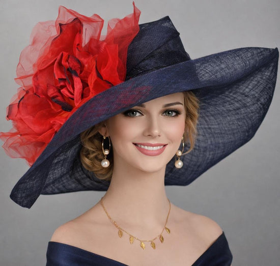 Navy Blue Wide Brim Sinamay Hat with Multi Color Silk Flower Option For Kentucky Derby, Ascot, Tea Party Hat, Wedding Guest Hat,Church