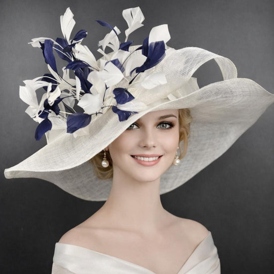 White Navy Feather Wide Brim Sinamay Hat for Kentucky Derby,Ascot Royal,Tea Garden Party,Easter Day,Mother of The Bride Elegant Occasion Hat
