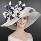 White Navy Feather Wide Brim Sinamay Hat for Kentucky Derby,Ascot Royal,Tea Garden Party,Easter Day,Mother of The Bride Elegant Occasion Hat