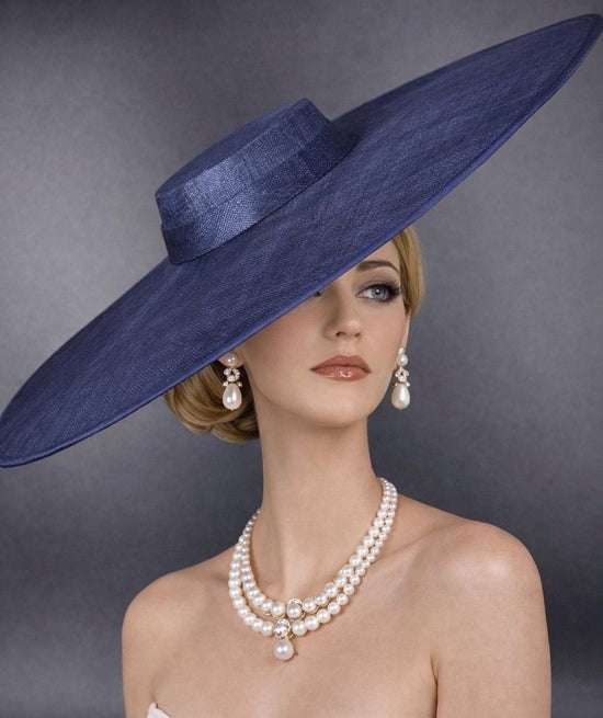 Navy Blue Wide Brim Sinamay Fascinator Hat  Ascot Royal Hat for Wedding Race Day Kentucky Derby Party Mother of the Bride Studio Photoshoot