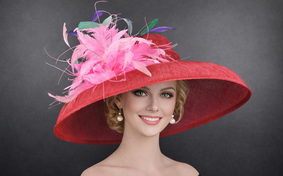 Audrey Hepburn Red Lily Pink Green Wide Brim Sinamay Hat for Kentucky Derby,Ascot Royal, Tea Garden Party,Easter Day,Mother of The Bride