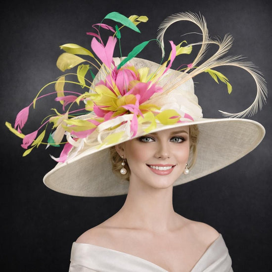 Ivory, Green,Pink Wide Brim Sinamay Hat for Kentucky Derby,Ascot Royal, Tea Garden Party,Easter Day,Mother of The Bride Elegant Occasion Hat