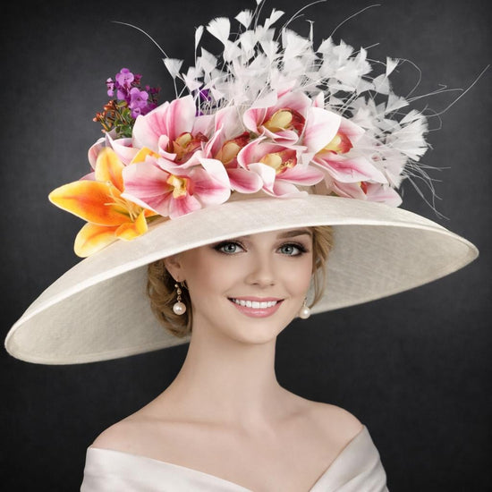 Ivory Off White Lily Orchid Flowers Kentucky Derby Hat,Ascot Hat for Wedding & Tea Party, Garden Party Hat, Mother of the Bride, Church