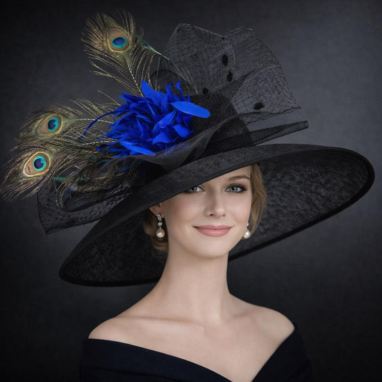 Black  Royal Blue Flower Wide Brim Sinamay Hat for Kentucky Derby,Ascot Royal, Tea Garden Party,Easter Day,Mother of The Bride