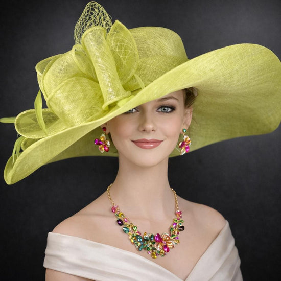 Lime Green Wide Brim Kentucky Derby Hat,Ascot Hat for Wedding & Tea Party, Garden Party Hat, Mother of the Bride, Church