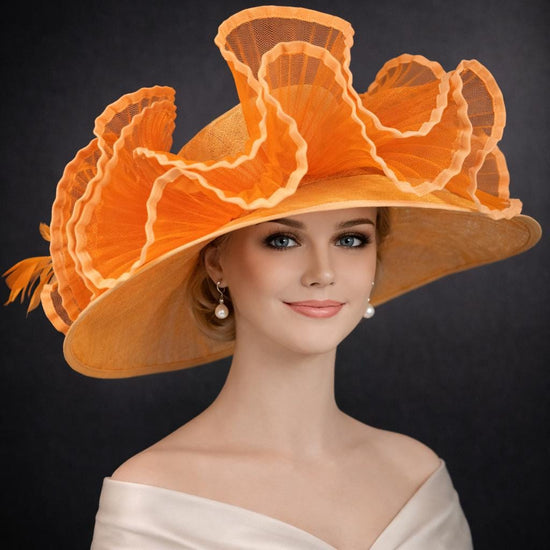 Orange Crin Wide Brim Sinamay Hat for Kentucky Derby,Ascot Royal, Tea Garden Party,Easter Day,Mother of The Bride Elegant Occasion Hat