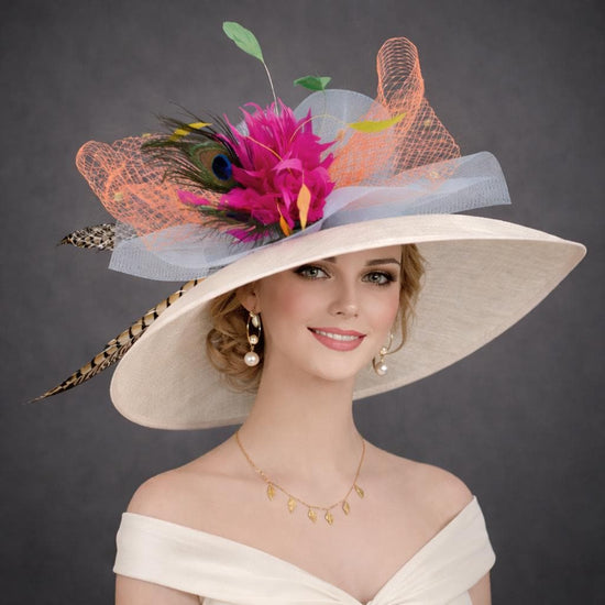 Off White Ivory Peacock Feathers Wide Brim Kentucky Derby Hat,Ascot Hat for Wedding & Tea Party,Garden Party Hat,Mother of the Bride,Church