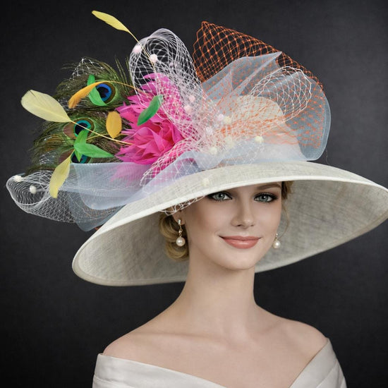 Ivory  Flower Peacock Feathers Wide Brim Sinamay Hat for Kentucky Derby,Ascot Royal, Tea Garden Party,Easter Day,Mother of The Bride
