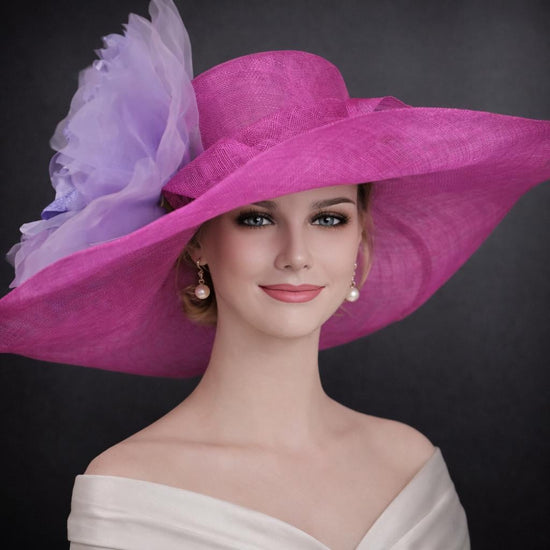 Fuchsia Pink Lavender Silk Flower  Wide Brim Sinamay hat, Kentucky derby Hat, Wedding Guest Hat, Tea Party Hat, Ascot Royal Hat,Oaks Day