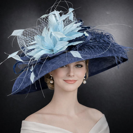 Navy Blue Powder Blue Feather Flower  Wide Brim Sinamay hat, Kentucky derby Hat, Wedding Guest Hat, Tea Party Hat, Ascot Royal Hat, Oaks Day