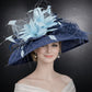 Navy Blue Powder Blue Feather Flower  Wide Brim Sinamay hat, Kentucky derby Hat, Wedding Guest Hat, Tea Party Hat, Ascot Royal Hat, Oaks Day