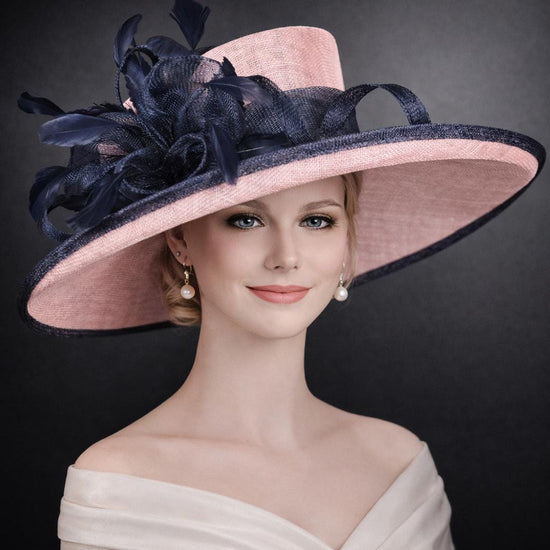 Blush Pink Dusty Pink Navy Blue Feather  Wide Brim Sinamay hat, Kentucky derby Hat, Wedding Guest Hat, Tea Party Hat, Ascot Royal Hat,Easter
