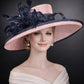 Blush Pink Dusty Pink Navy Blue Feather  Wide Brim Sinamay hat, Kentucky derby Hat, Wedding Guest Hat, Tea Party Hat, Ascot Royal Hat,Easter