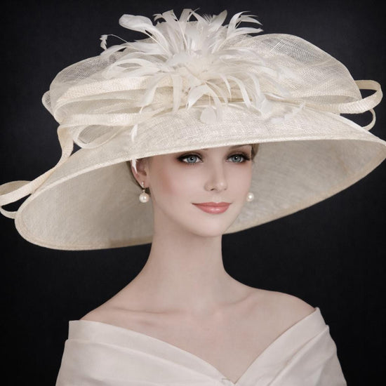 Off White Ivory Wide Brim Kentucky Derby Hat,Ascot Hat for Wedding & Tea Party, Garden Party Hat, Mother of the Bride, Church