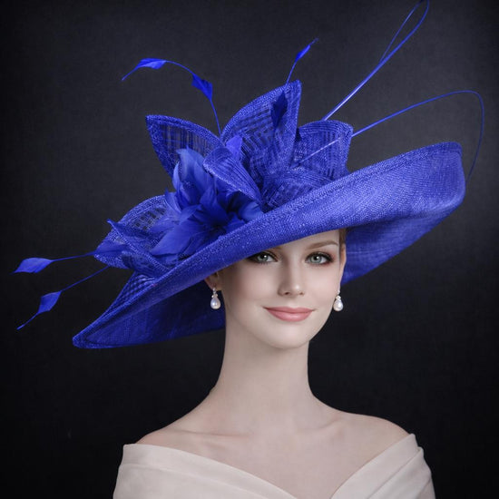 Wide Brim Kentucky Derby Hat, Ascot Hat for Wedding & Tea Party, Garden Party Hat, Mother of the Bride, Church- Royal Blue