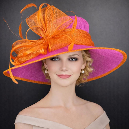 Fuchsia Pink Orange Bow Wide Brim Kentucky Derby Hat,Ascot Hat for Wedding & Tea Party, Garden Party Hat, Mother of the Bride, Church