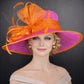Fuchsia Pink Orange Bow Wide Brim Kentucky Derby Hat,Ascot Hat for Wedding & Tea Party, Garden Party Hat, Mother of the Bride, Church