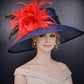 Wide Brim Kentucky Derby Hat, Ascot Hat for Wedding & Tea Party, Garden Party Hat,Mother of the Bride,Church Navy Blue Red Flower Pheasant