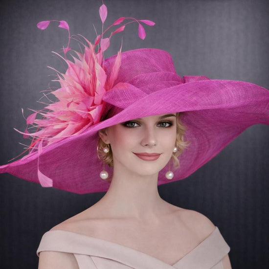 Wide Brim Kentucky Derby Hat, Ascot Hat for Wedding & Tea Party, Garden Party Hat, Mother of the Bride, Church Fuchsia Pink Feather Flower