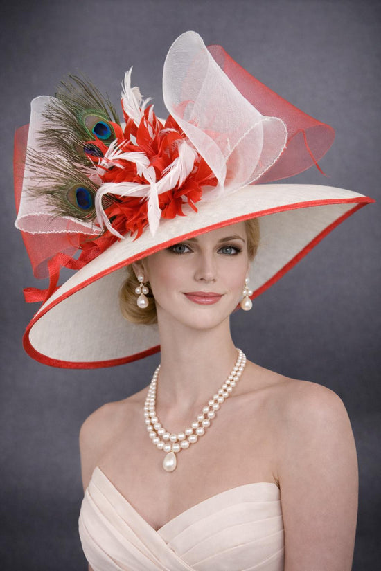 Wide Brim Kentucky Derby Hat, Ascot Hat for Wedding & Tea Party, Garden Party Hat, Mother of the Bride, Church-White w Red