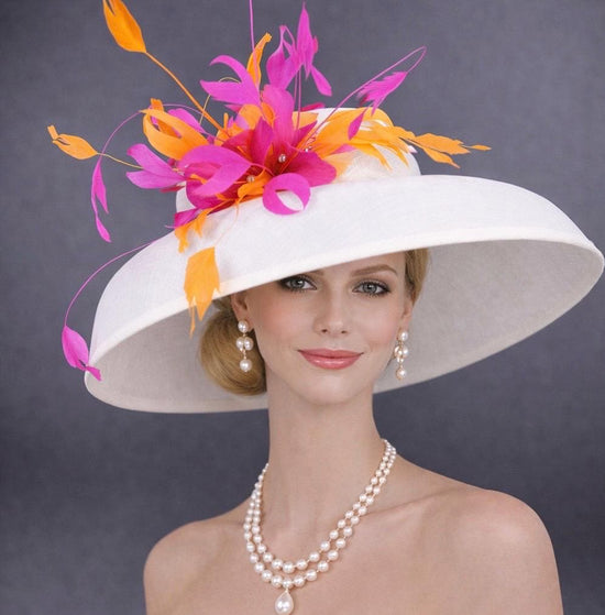 Wide Brim Kentucky Derby Hat, Ascot Hat for Wedding & Tea Party, Garden Party Hat, Mother of the Bride, Church- White Fuchisa Pink Orange