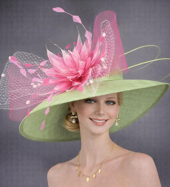 Wide Brim Kentucky Derby Hat, Ascot Hat for Wedding & Tea Party, Garden Party Hat, Mother of the Bride, Church – Green with Pink