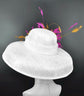 Wide Brim Kentucky Derby Hat, Ascot Hat for Wedding & Tea Party, Garden Party Hat, Mother of the Bride, Church- White Fuchisa Pink Orange