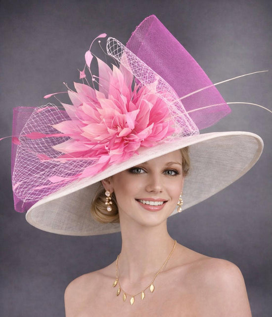 Wide Brim Kentucky Derby Hat, Ascot Hat for Wedding & Tea Party, Garden Party Hat, Mother of the Bride, Church White Fuchsia Pink Hot Pink