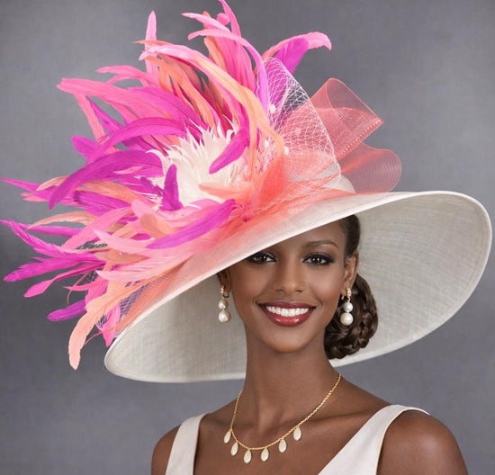 Wide Brim Kentucky Derby Hat, Ascot Hat for Wedding & Tea Party, Garden Party Hat, Mother of the Bride, Church-White Fuchsia Pink Peach