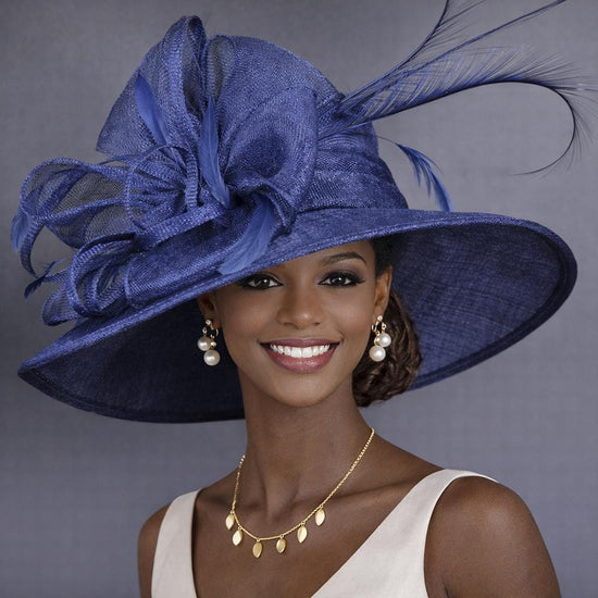 Wide Brim Kentucky Derby Hat, Ascot Hat for Wedding & Tea Party, Garden Party Hat, Mother of the Bride, Church Navy Blue