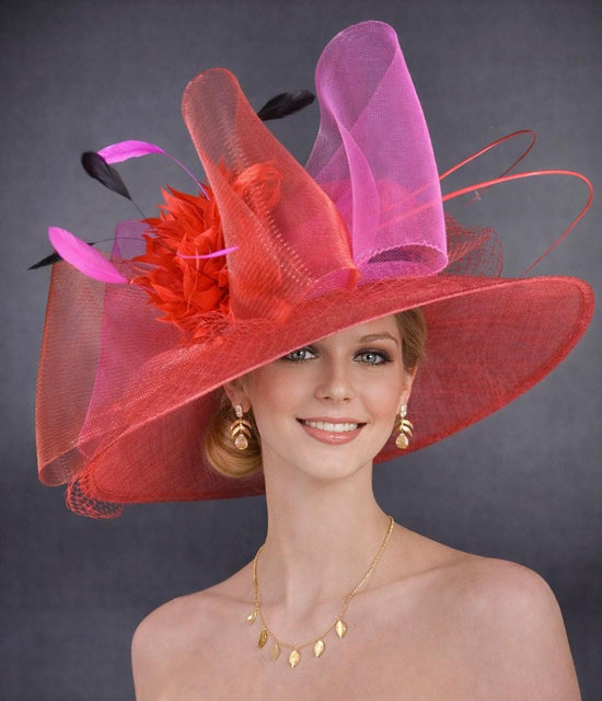 Wide Brim Kentucky Derby Hat Ascot Hat for Wedding & Tea Party, Garden Party Hat, Mother of the Bride, Church Red Hot Pink Black