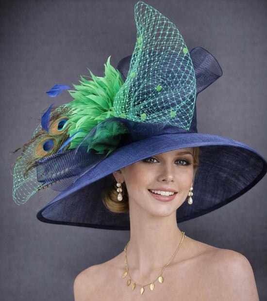 Wide Brim Kentucky Derby Hat, Ascot Hat for Wedding & Tea Party, Garden Party Hat, Mother of the Bride, Church Navy Blue W Green
