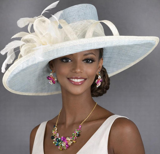 Wide Brim Kentucky Derby Hat, Ascot Hat for Wedding & Tea Party, Garden Party Hat, Mother of the Bride, Church Powder Blue  Off White