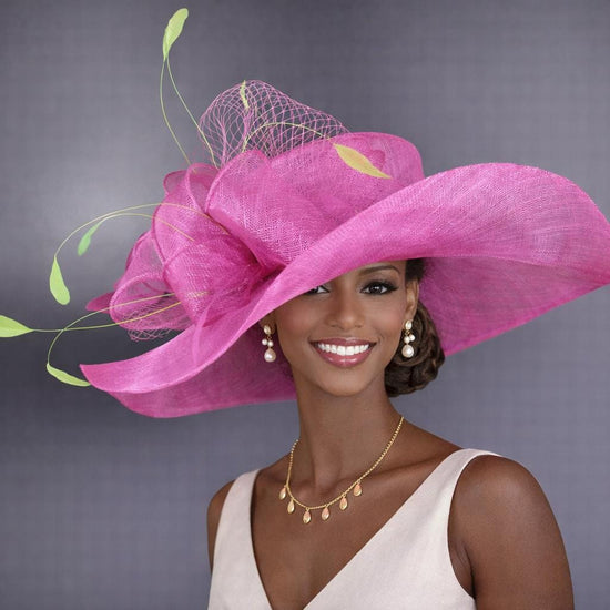 Fuchsia Pink Lime Green Wide Brim Kentucky Derby Hat, Ascot Hat for Wedding & Tea Party, Garden Party Hat, Mother of the Bride, Church