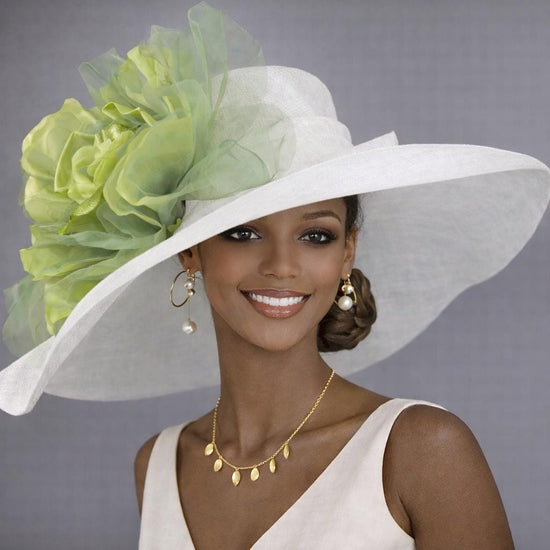 Wide Brim Kentucky Derby Hat, Ascot Hat for Wedding & Tea Party, Garden Party Hat, Mother of the Bride, Church White W Green