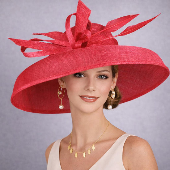 Red Wide Brim Kentucky Derby Hat, Ascot Hat for Wedding & Tea Party, Garden Party Hat, Mother of the Bride,Church, Audrey Hepburn Style